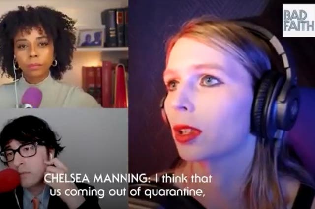 <p>Chelsea Manning, the former US Army officer turned Wikileaks whistleblower, pictured on the Bad Faith podcast discussing the psychological effect of lockdown compared to solitary confinement</p>