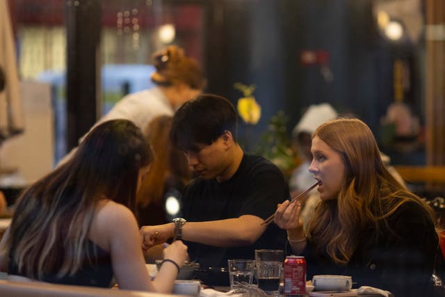 <p>Diners at a Soho restaurant  on May 17, 2021 in London, United Kingdom after restrictions were eased</p>