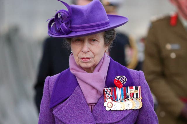 Anne, Princess Royal, walks past the Australian memorial during a Dawn Service to commemorate Anzac Day, in London