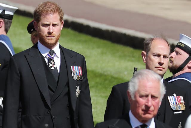 Prince Harry, Duke of Sussex, Prince Charles, Prince of Wales and Prince Edward, Earl of Wessex during the funeral of Prince Philip, Duke of Edinburgh at Windsor Castle on 17 April 2021 in Windsor