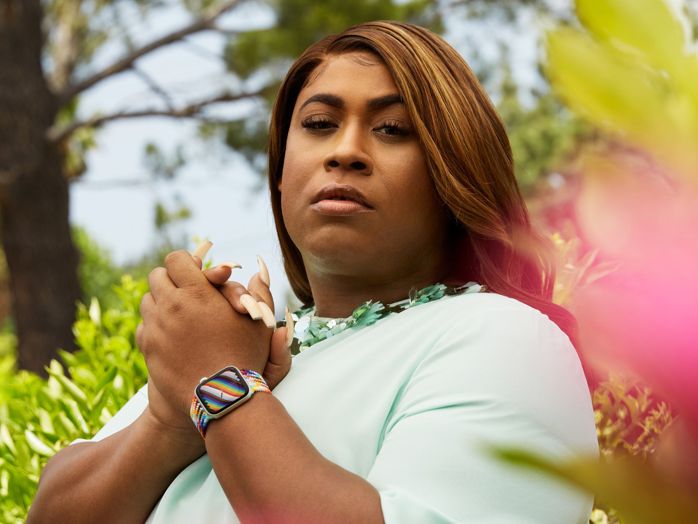 GLSEN board member and LGBTQ+ advocate, artist, and leader Dominique Morgan wears the new Pride Edition band