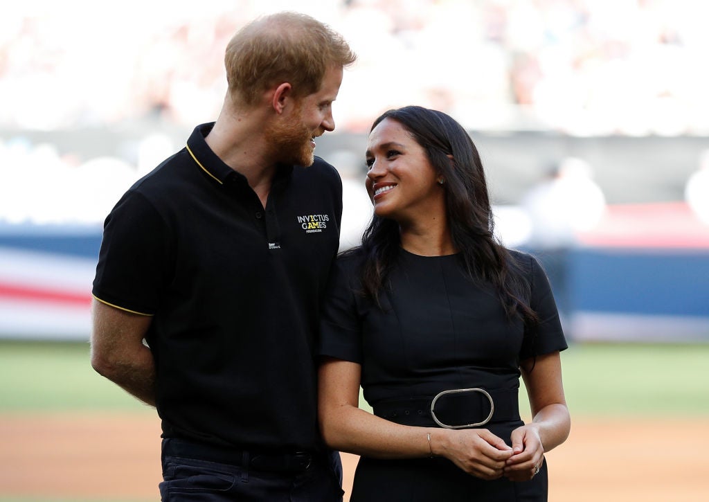 Prince Harry, Duke of Sussex and Meghan, Duchess of Sussex attend the Boston Red Sox vs New York Yankees baseball game at London Stadium
