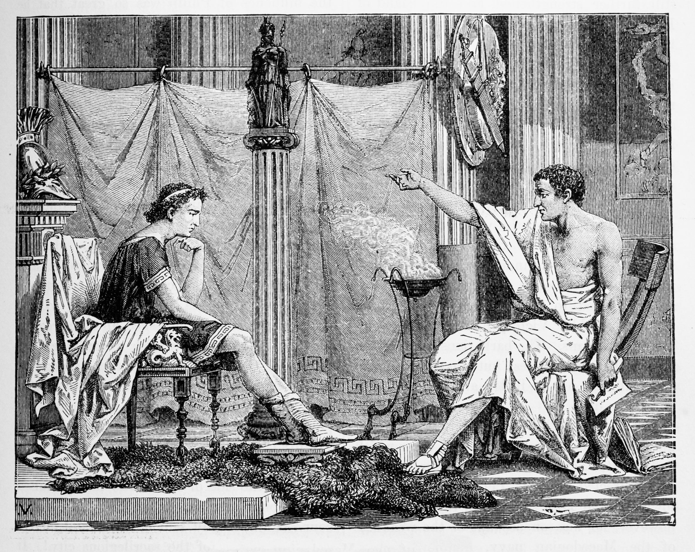 A 19th century illustration of Aristotle instructing young Alexander