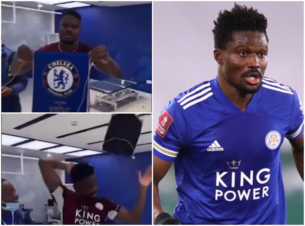 Daniel Amartey throws the Chelsea pennant over his head