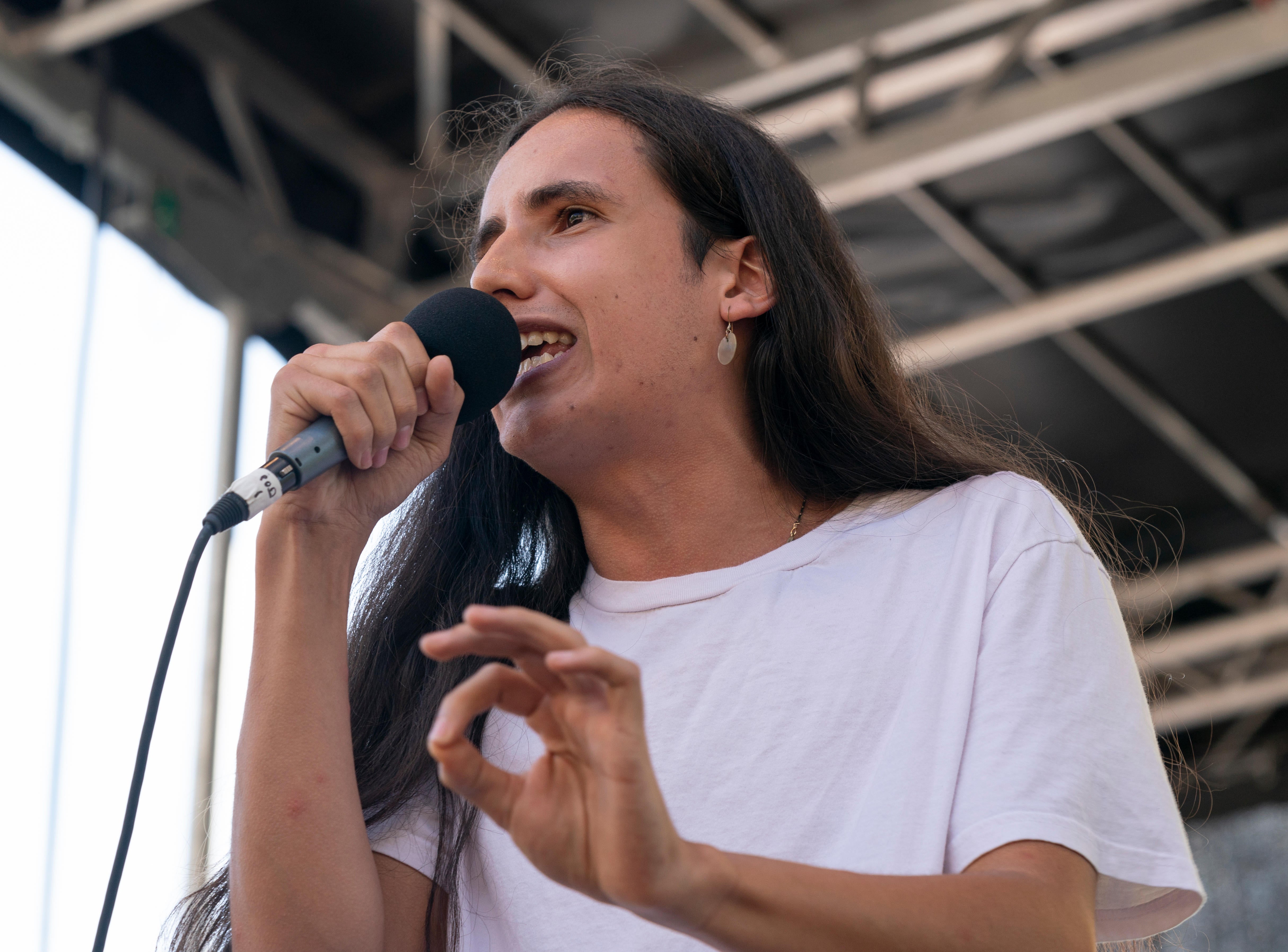 New York, NY – September 20, 2019: Indigenous activist 19 year-old Xiuhtezcatl Martinez speaks on stage during NYC Climate Strike rally and demonstration at Battery Park
