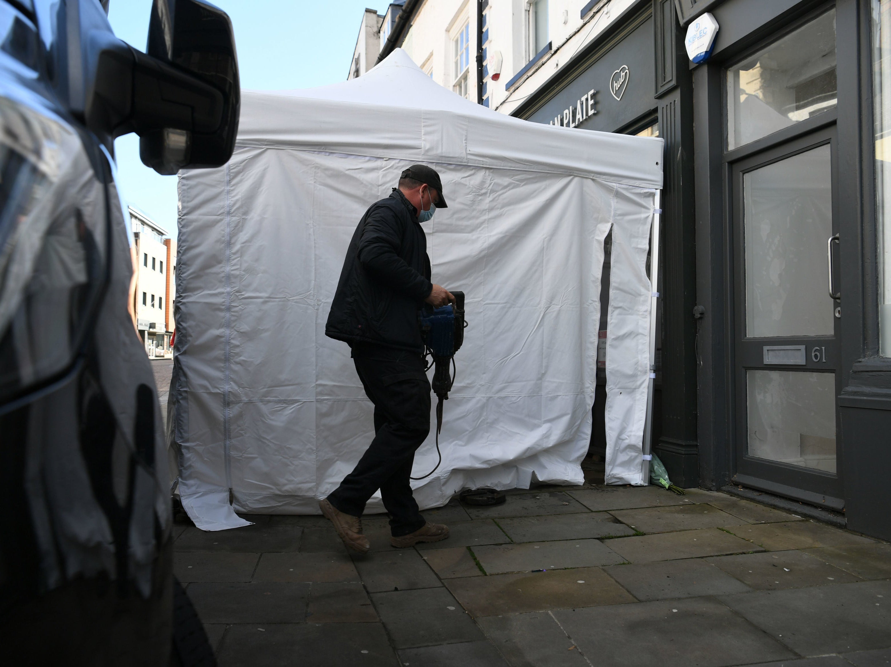 Contractors have arrived with drilling tools as excavation work begins at The Clean Plate cafe in Gloucester in the search for a suspected Fred West victim