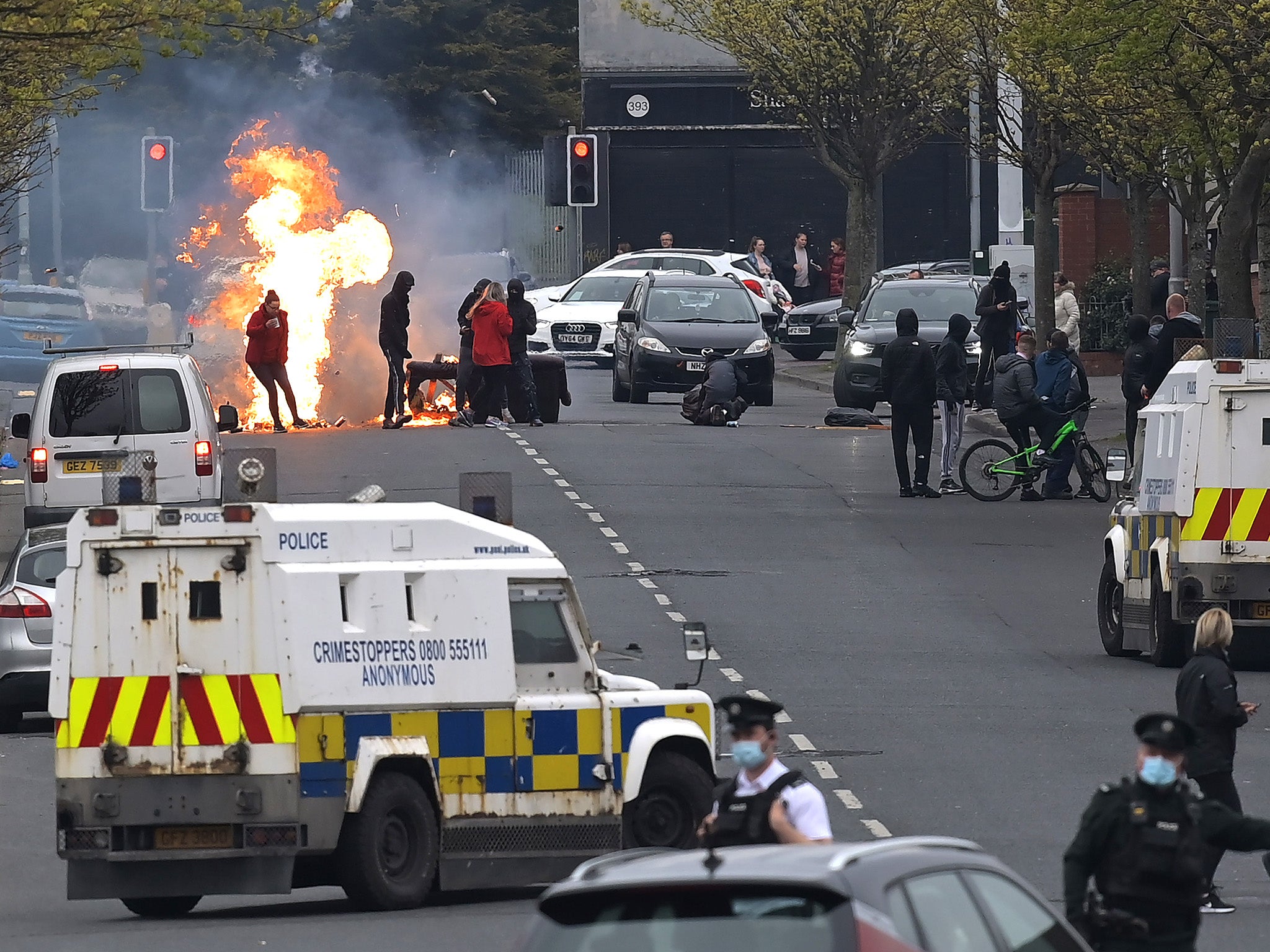 Loyalists create a burning blockade in Belfast as they restart their protests against the Irish Sea border and Northern Ireland protocol in April