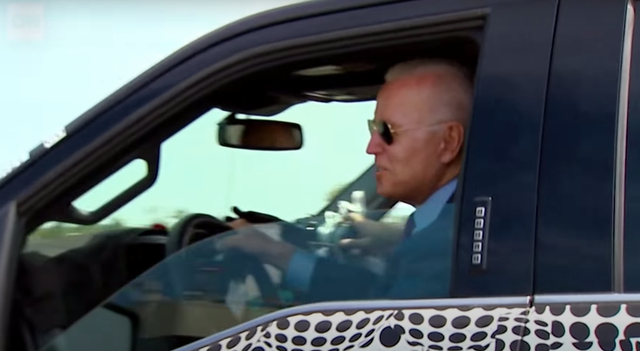 <p>President Joe Biden took the Ford electric truck for a quick spin but conspiracy theorists claimed that it was staged</p>