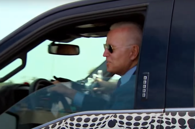 <p>President Joe Biden took the Ford electric truck for a quick spin but conspiracy theorists claimed that it was staged</p>