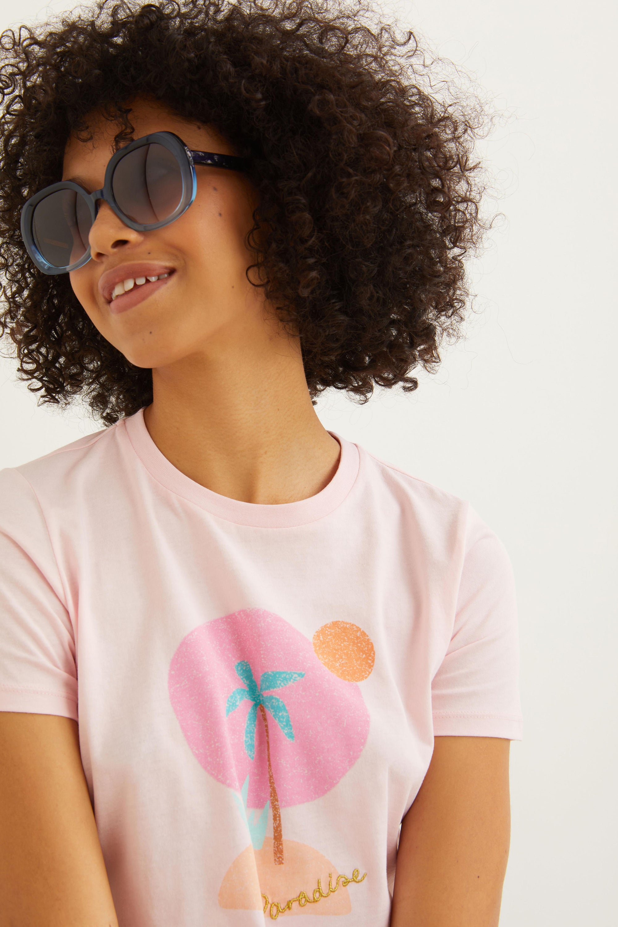 Oliver Bonas Japan Blue Ombre Acetate Square Sunglasses; Paradise Print & Embroidery Pink Cotton T-Shirt