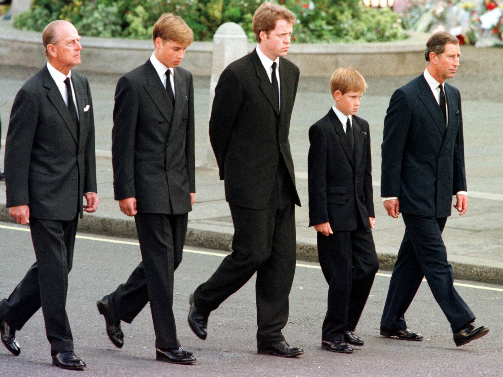 (L to R) Prince Philip, Duke of Edinburgh, Prince William, Earl Spencer, Prince Harry and Prince Charles, Prince of Wales, walk outside Westminster Abbey during the funeral service for Diana