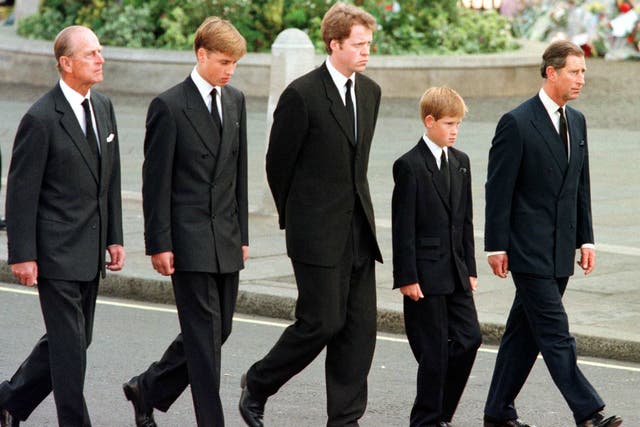  (L to R) Prince Philip, Duke of Edinburgh, Prince William, Earl Spencer, Prince Harry and Prince Charles, Prince of Wales, walk outside Westminster Abbey during the funeral service for Diana,