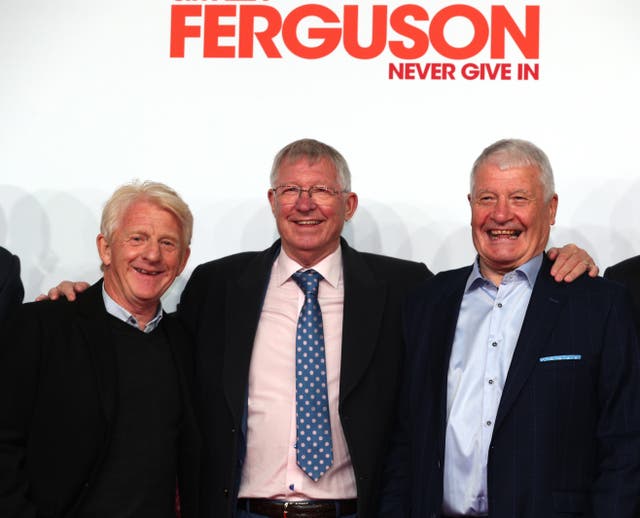 Sir Alex Ferguson (centre), Gordon Strachan (left) and Archie Knox attend the premiere