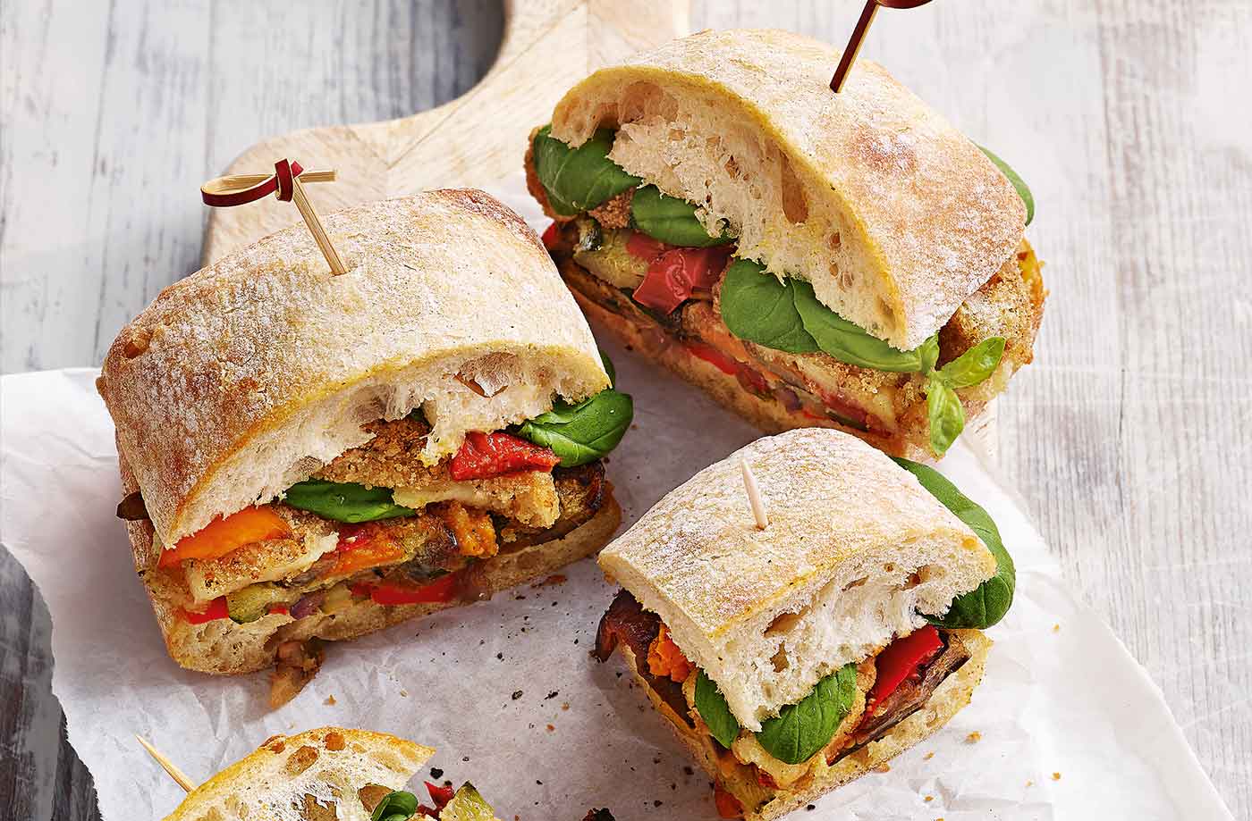 Crisp on the outside, with a smoky, gooey filling of mozzarella sticks and colourful chargrilled veg