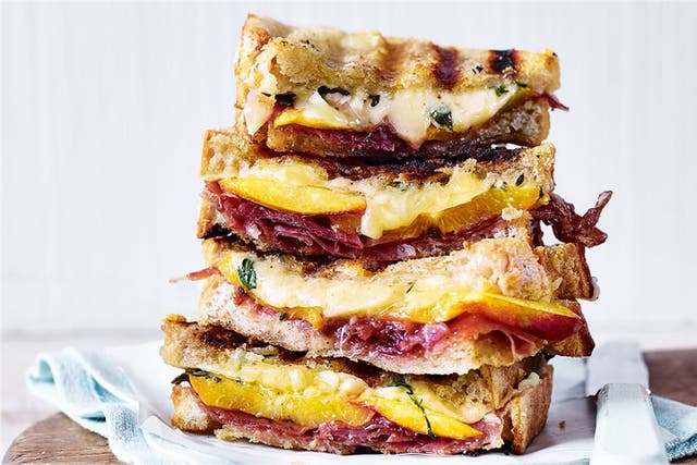 <p>Sarnies don’t have to be strictly savoury affairs – Prosciutto, nectarine and thyme grilled cheese sandwich</p>