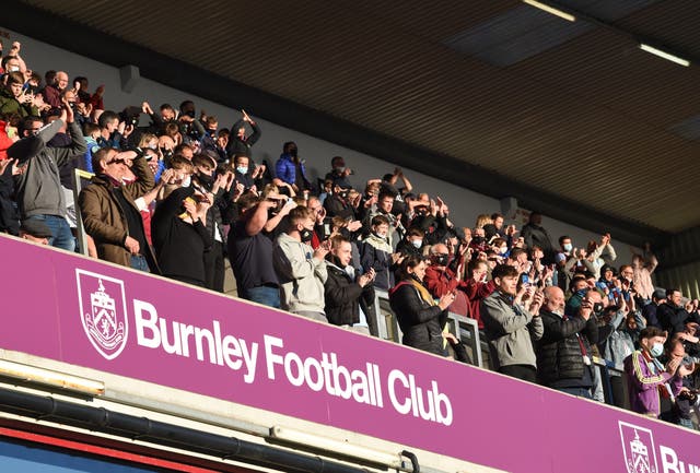 Crowd back at turf moore Burnley  before the Premier League match between Burnley and Liverpool at Turf Moor on 19 May, 2021 in Burnley, England. 