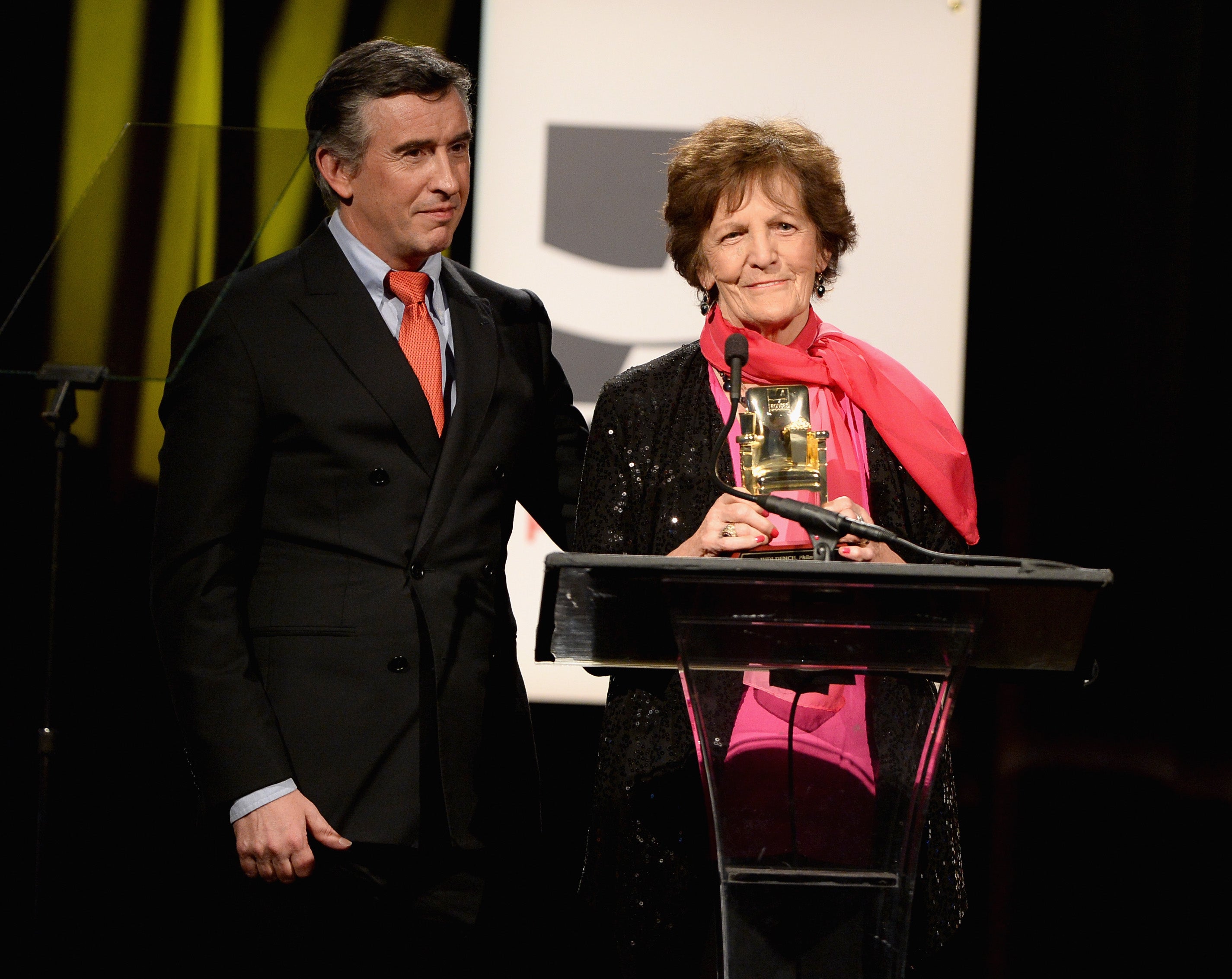 Steve Coogan and Philomena Lee speak onstage at the 13th Annual Aarp’s Movies for Grownups Awards Gala in California in 2014