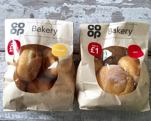 Co-op’s jam and custard doughnuts are suitable for vegans