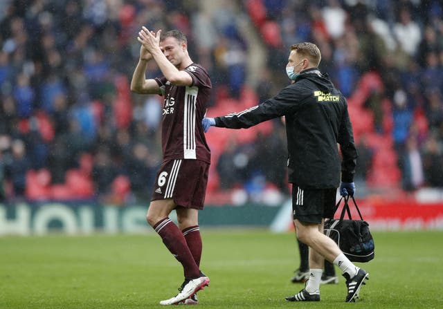 Leicester's Jonny Evans was forced off in the FA Cup final