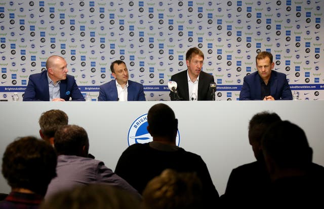 Graham Potter, centre right, is confident he has the backing of Tony Bloom, centre left