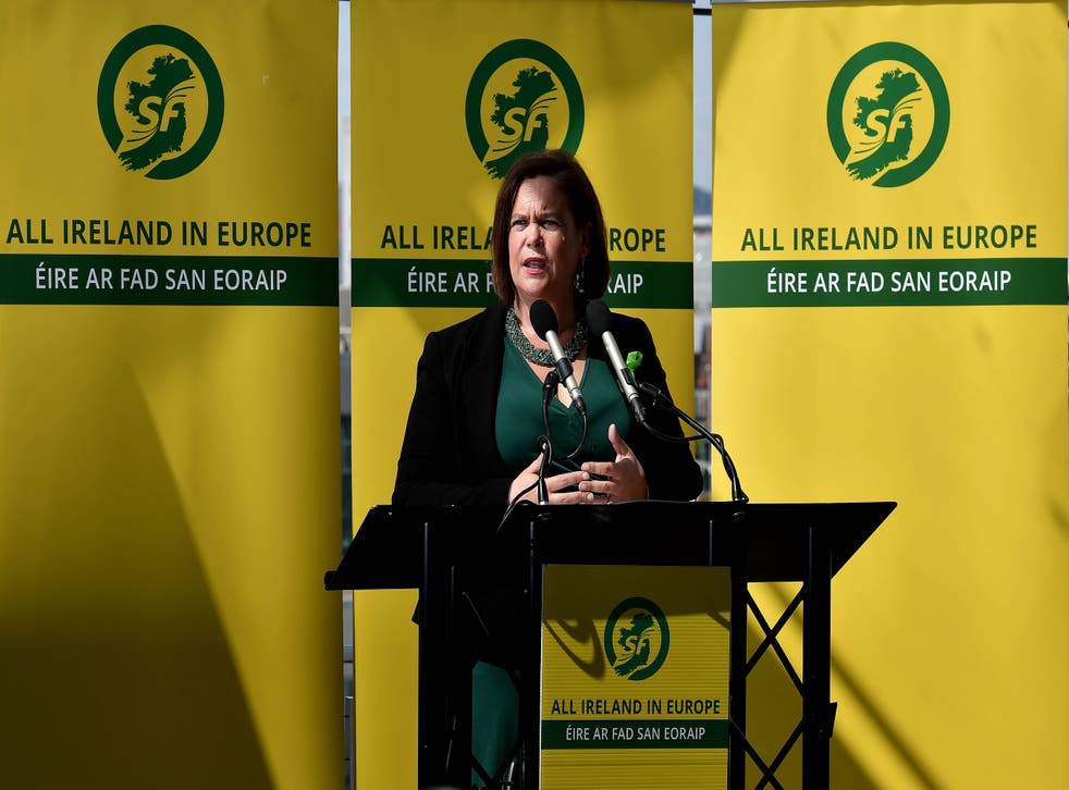 <p>Sinn Fein leader Mary Lou McDonald addresses party members at a rally in 2019</p>