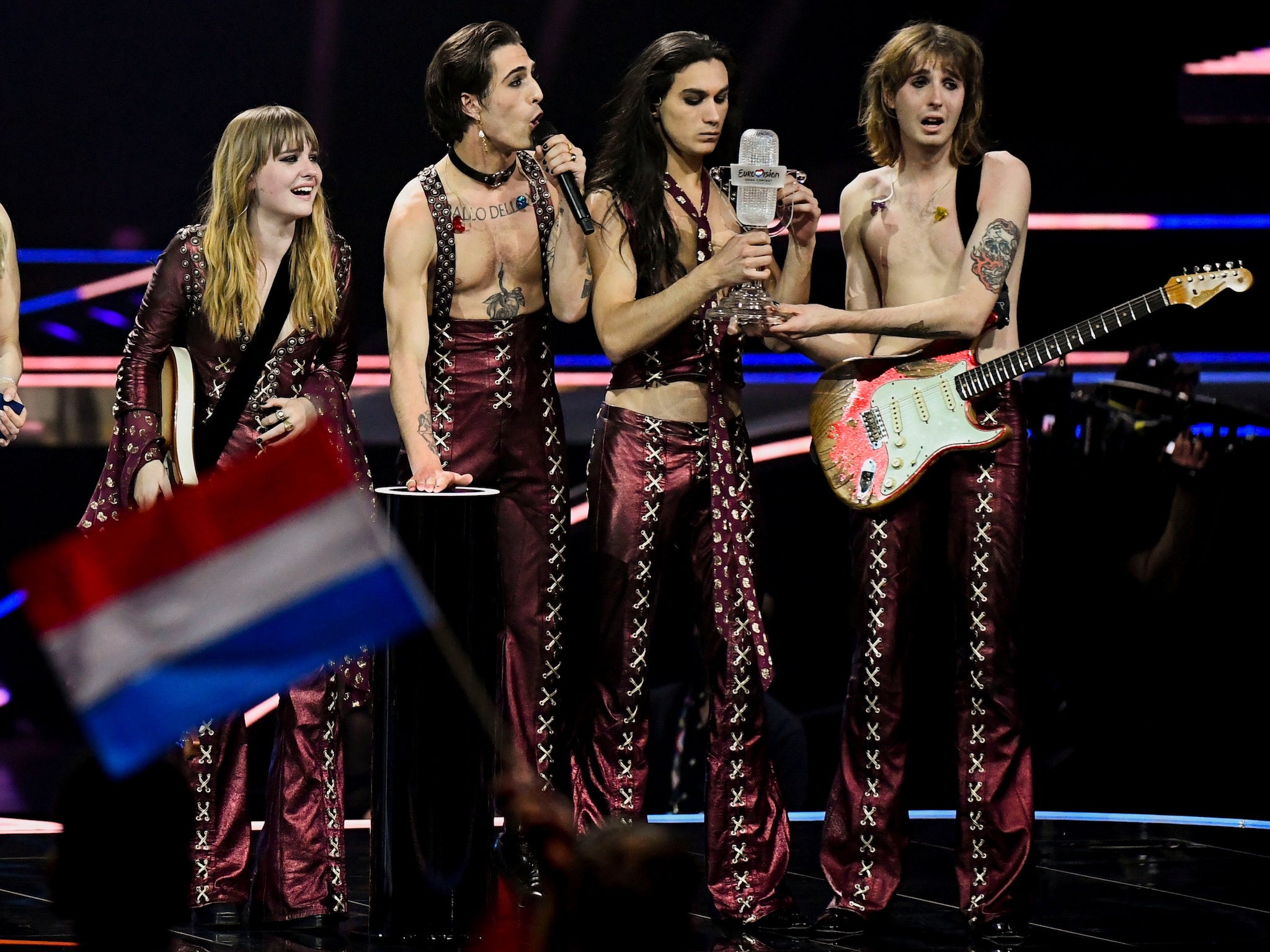 Maneskin of Italy appear on stage after winning the 2021 Eurovision Song Contest in Rotterdam, Netherlands