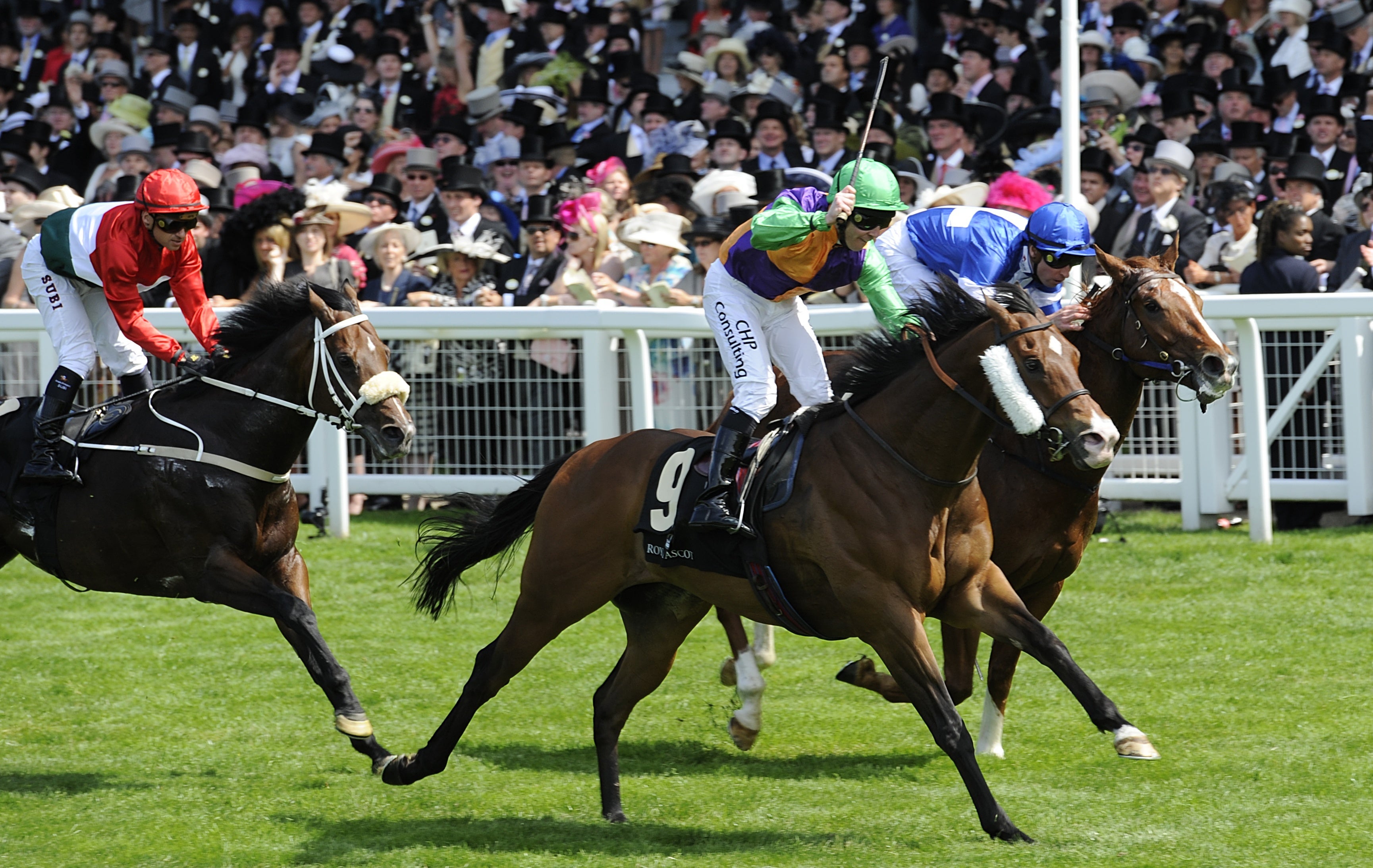 Prohibit and Jim Crowley (green hat) winning the King’s Stand Stakes