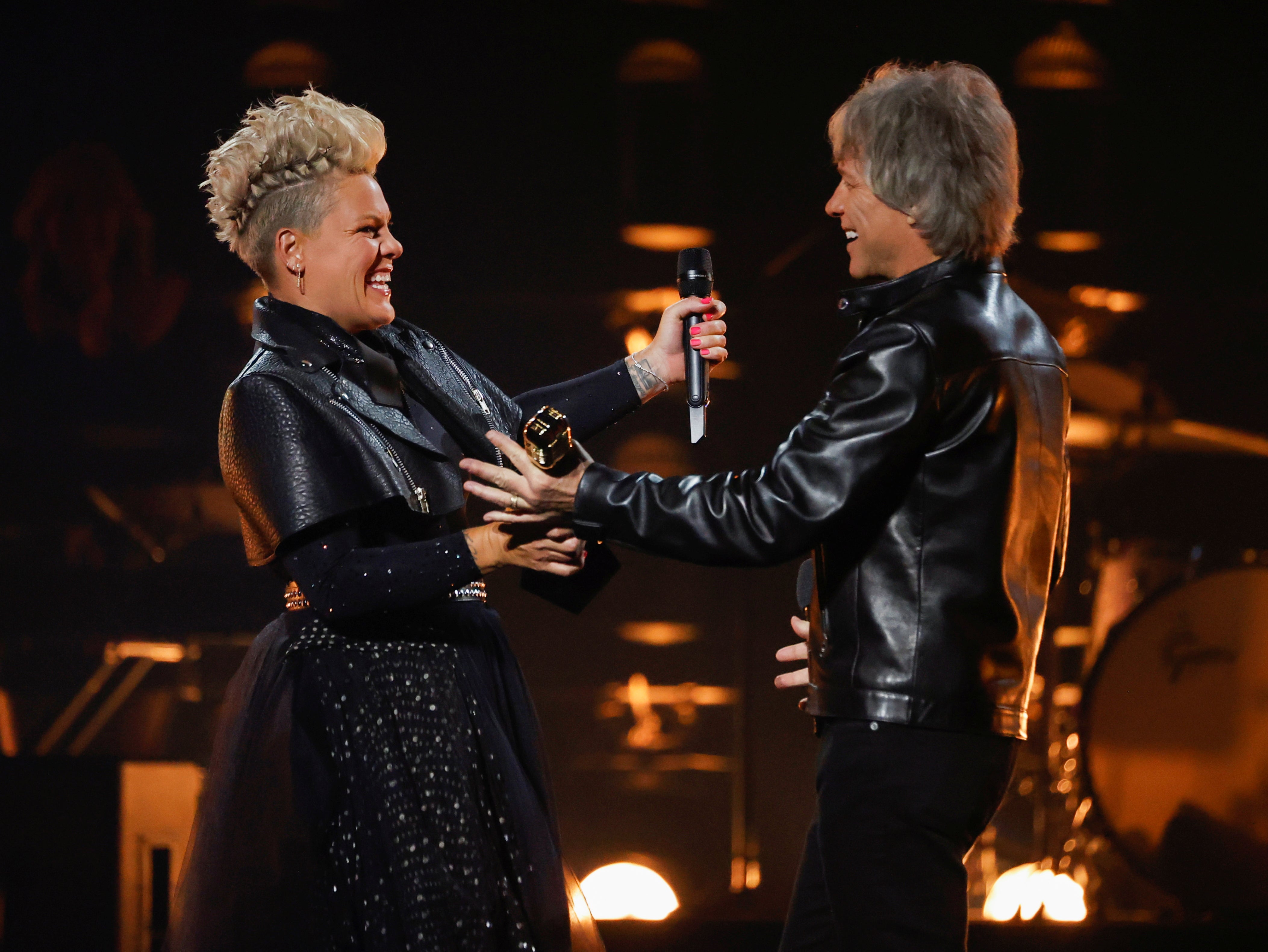 Pink accepts the Icon Award from Jon Bon Jovi at the 2021 Billboard Music Awards