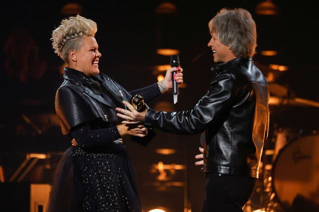 Pink accepts the Icon Award from Jon Bon Jovi at the 2021 Billboard Music Awards 