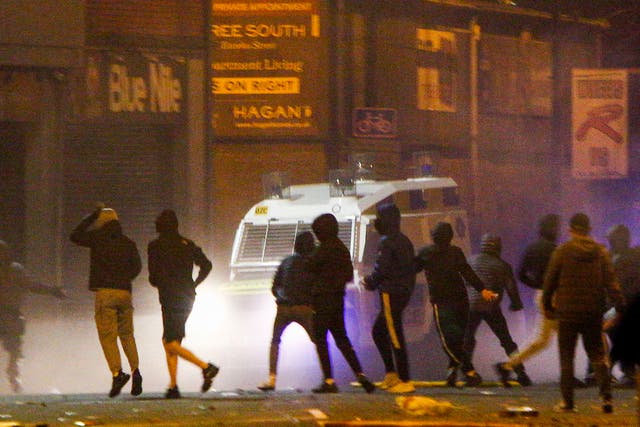 <p>Water borders:  In the wake of post-Brexit Irish Sea border arrangements, Loyalist rioters clash with police in the Sandy Row area of Belfast </p>