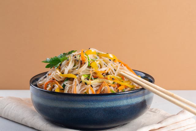 <p>Japchae is a savoury Korean stir-fry with mixed vegetables, beef and sweet potato noodles</p>