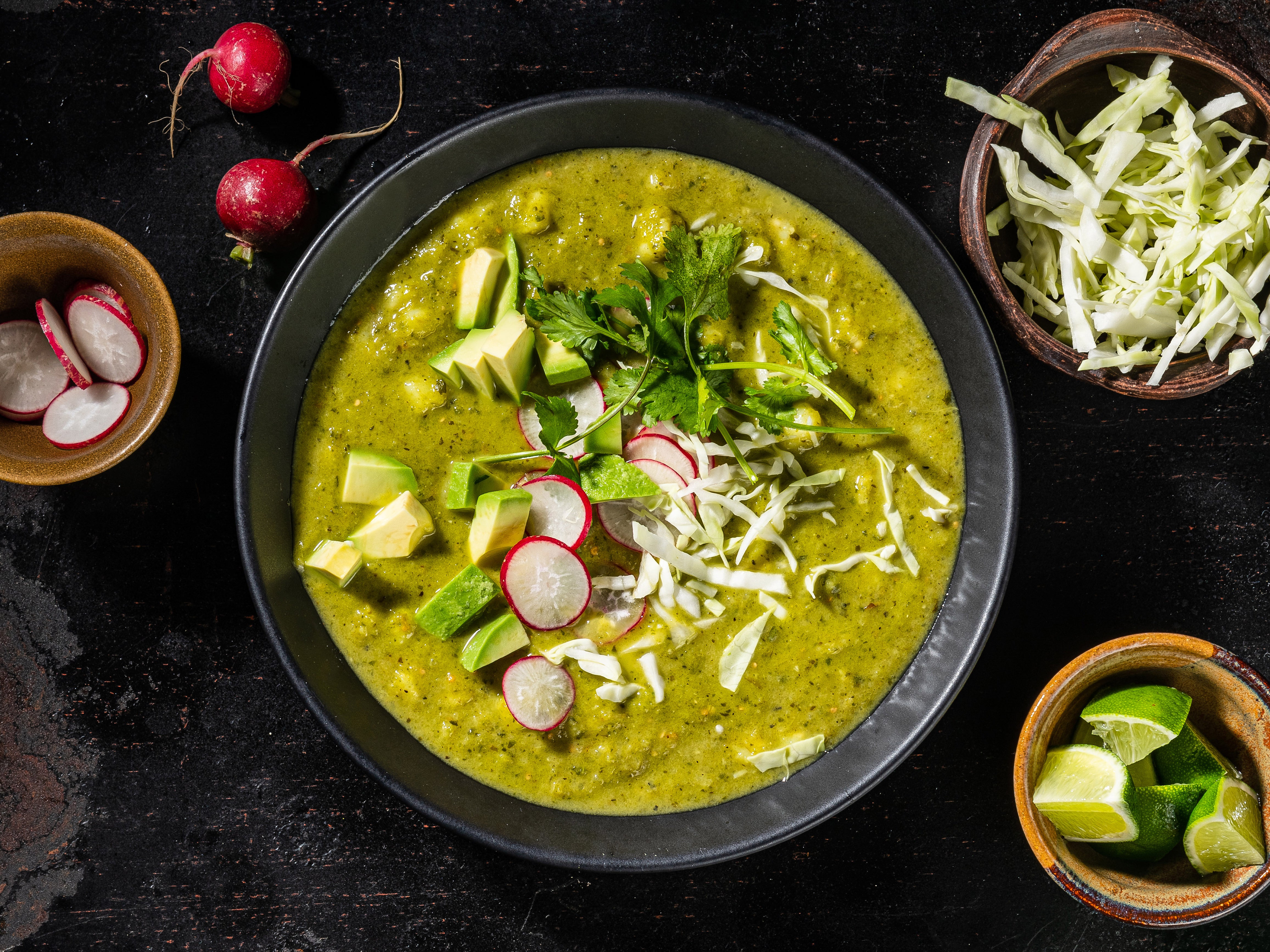 Vegan pozole verde: a bevy of toppings offer the option of contrasting textures and flavours