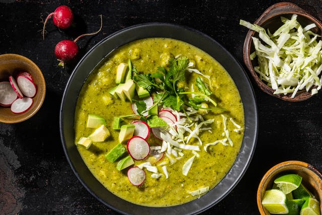 <p>Vegan pozole verde: a bevy of toppings offer the option of contrasting textures and flavours</p>