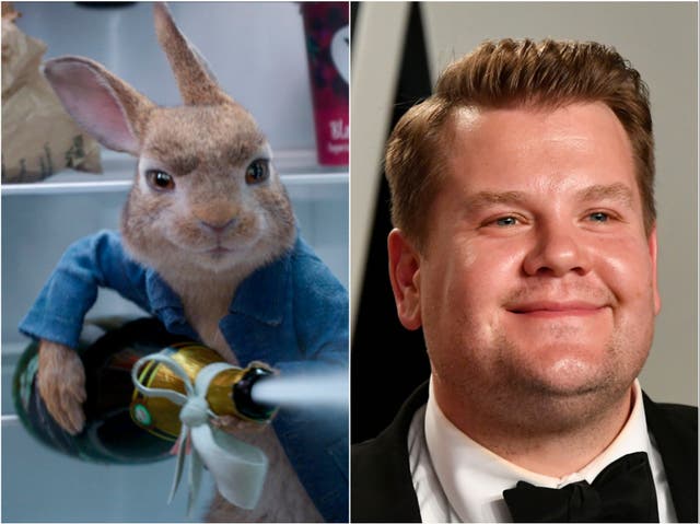 Peter Rabbit (left) and James Corden (right)