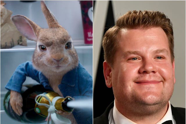 Peter Rabbit (left) and James Corden (right)