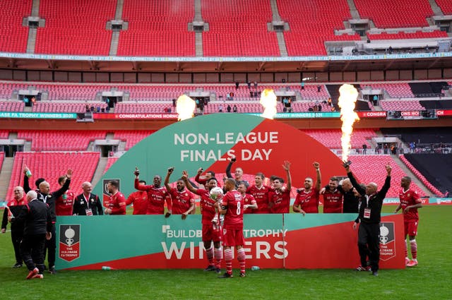 Hornchurch players and staff celebrated after winning the FA Trophy