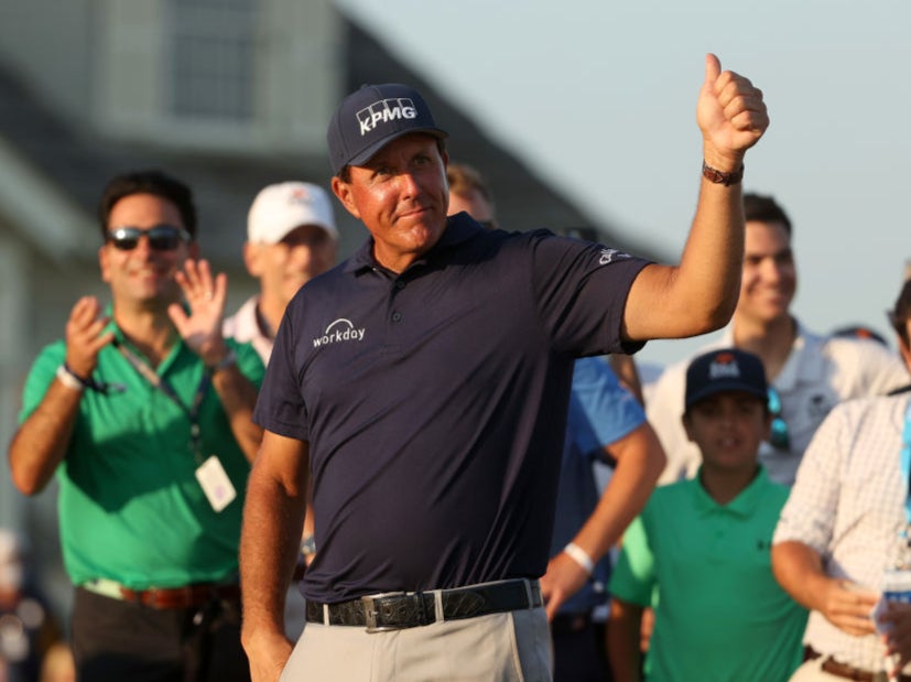 Phil Mickelson celebrates winning the PGA Championship