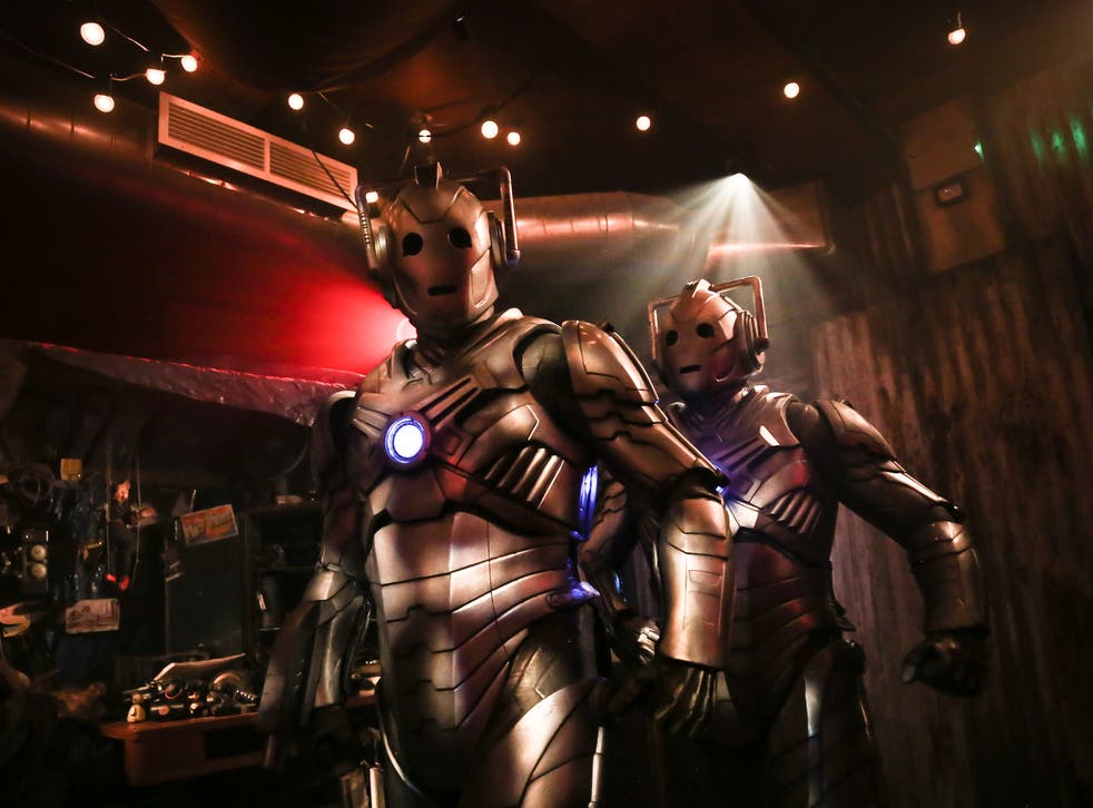 <p>Steel yourself: Two Cybermen photographed during dress rehearsals for ‘Doctor Who: Time Fracture’</p>