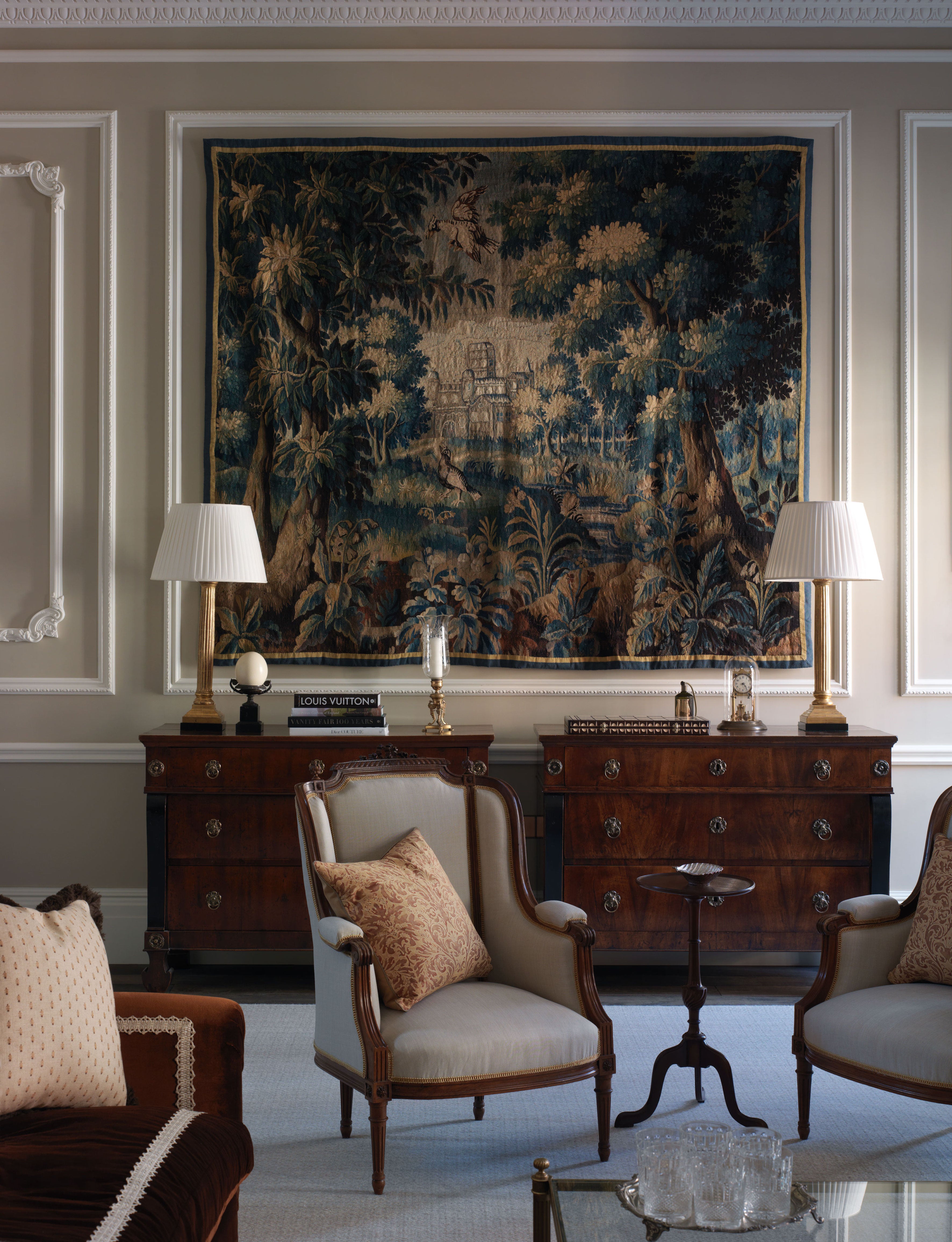 Tapestry adorns a living room in Kensington, London, designed by Albion Nord