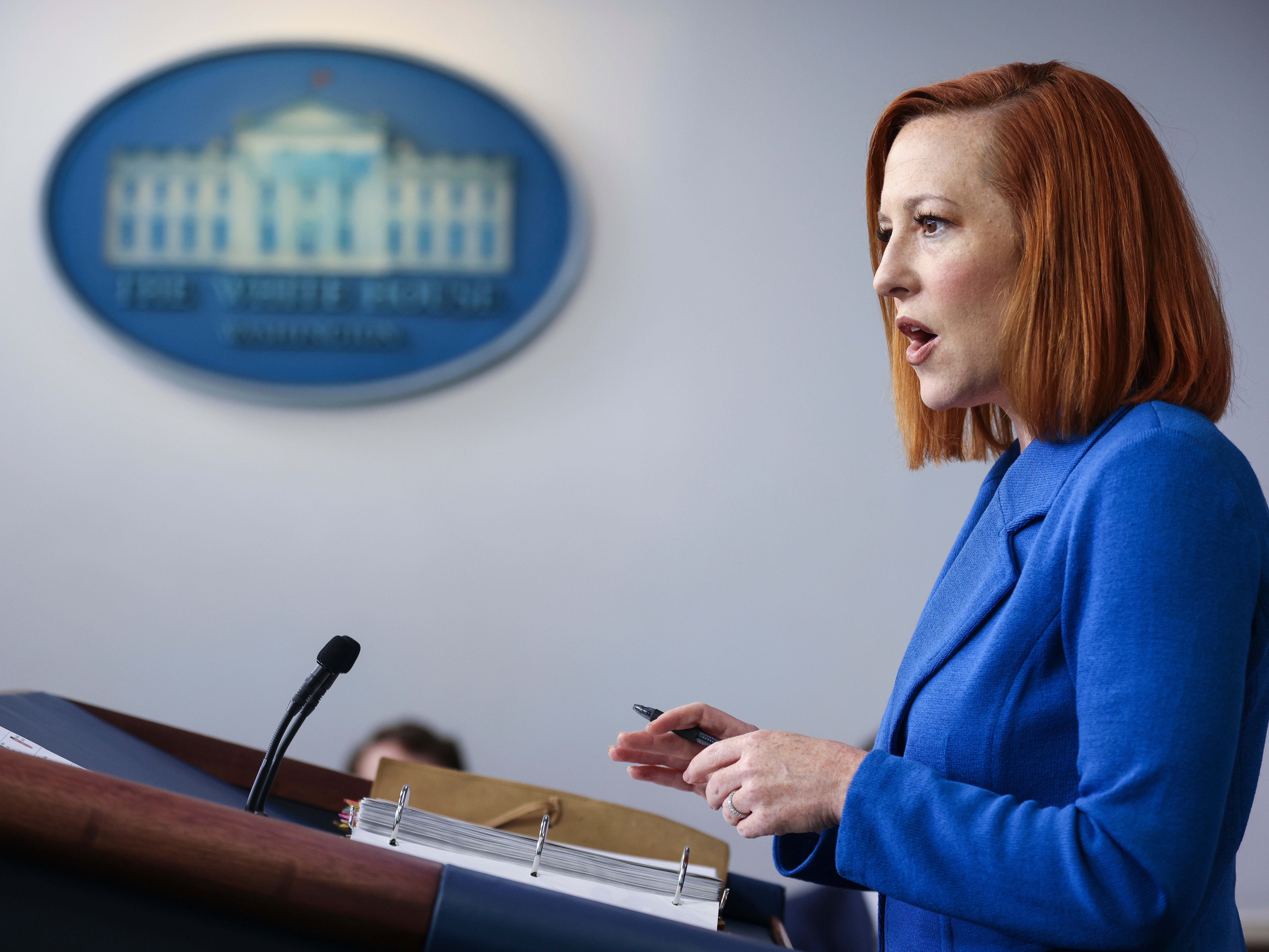 <p>White House press secretary Jen Psaki delivers a news briefing.</p>