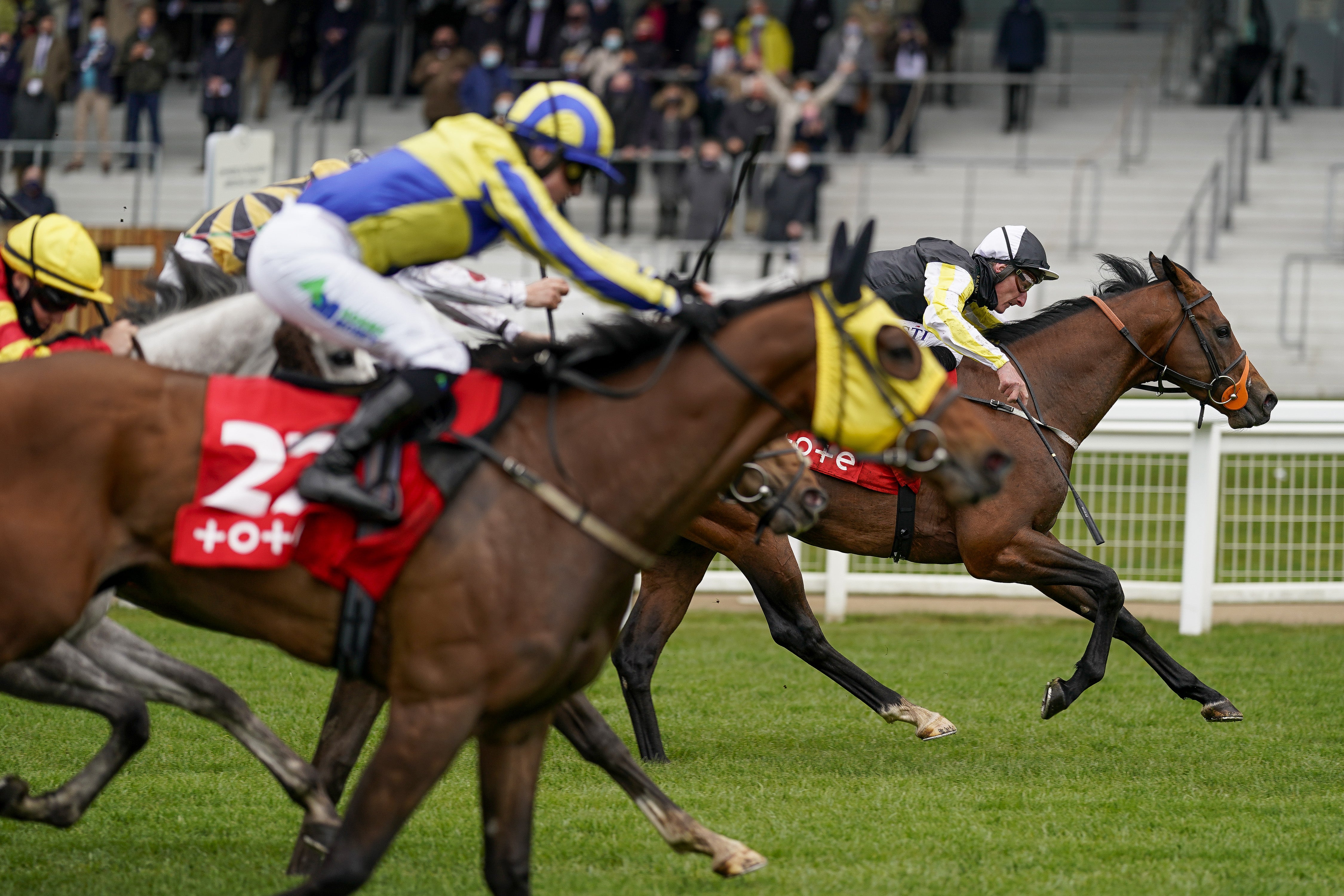 Eagleway (yellow hood) finishes a close second to River Nymph in the Victoria Cup at Ascot