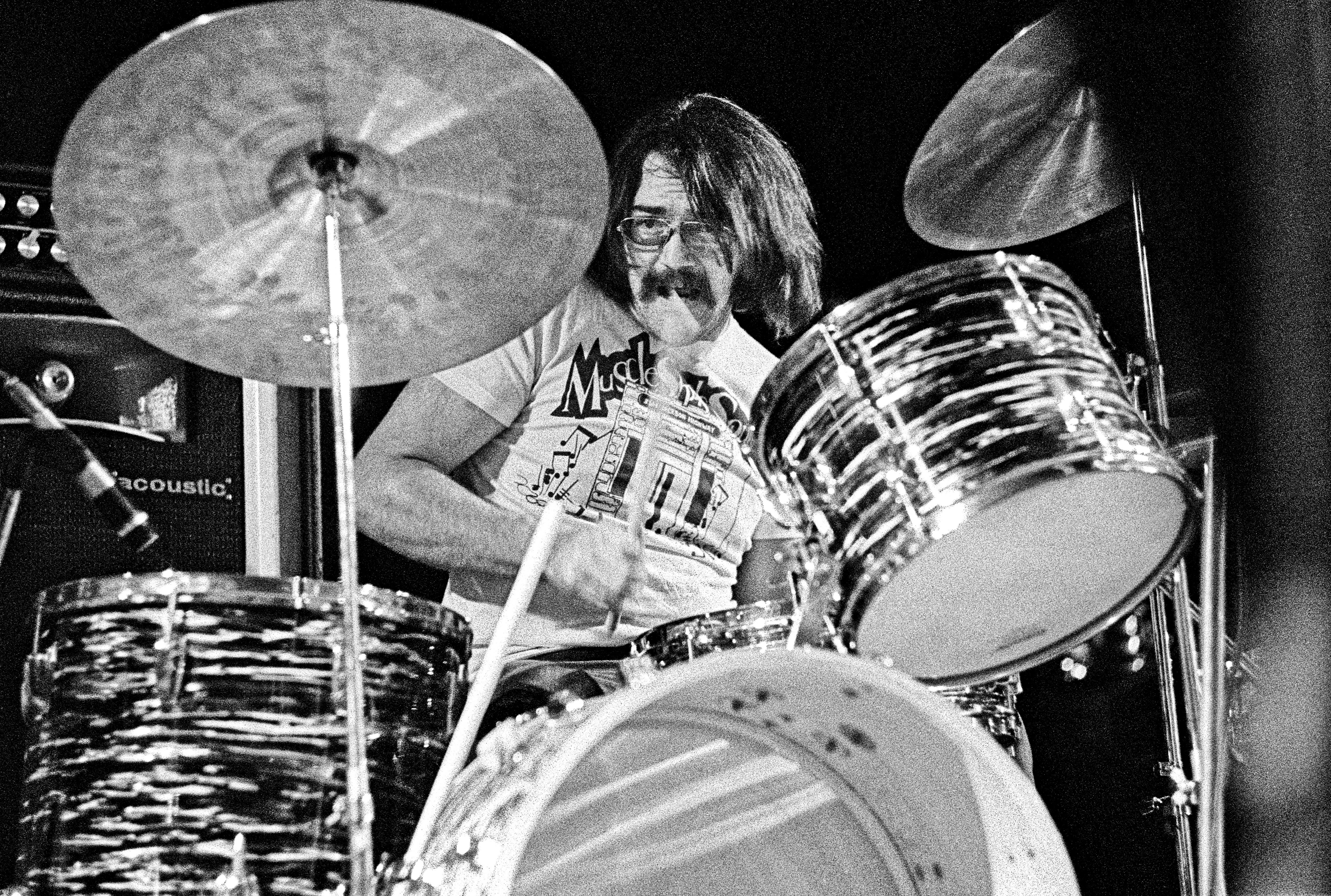 Muscle Shoals drummer Roger Hawkins on stage at Birmingham Town Hall in 1973 with Traffic