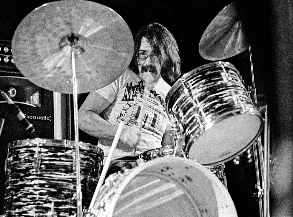<p>Muscle Shoals drummer Roger Hawkins on stage at Birmingham Town Hall in 1973 with Traffic</p>