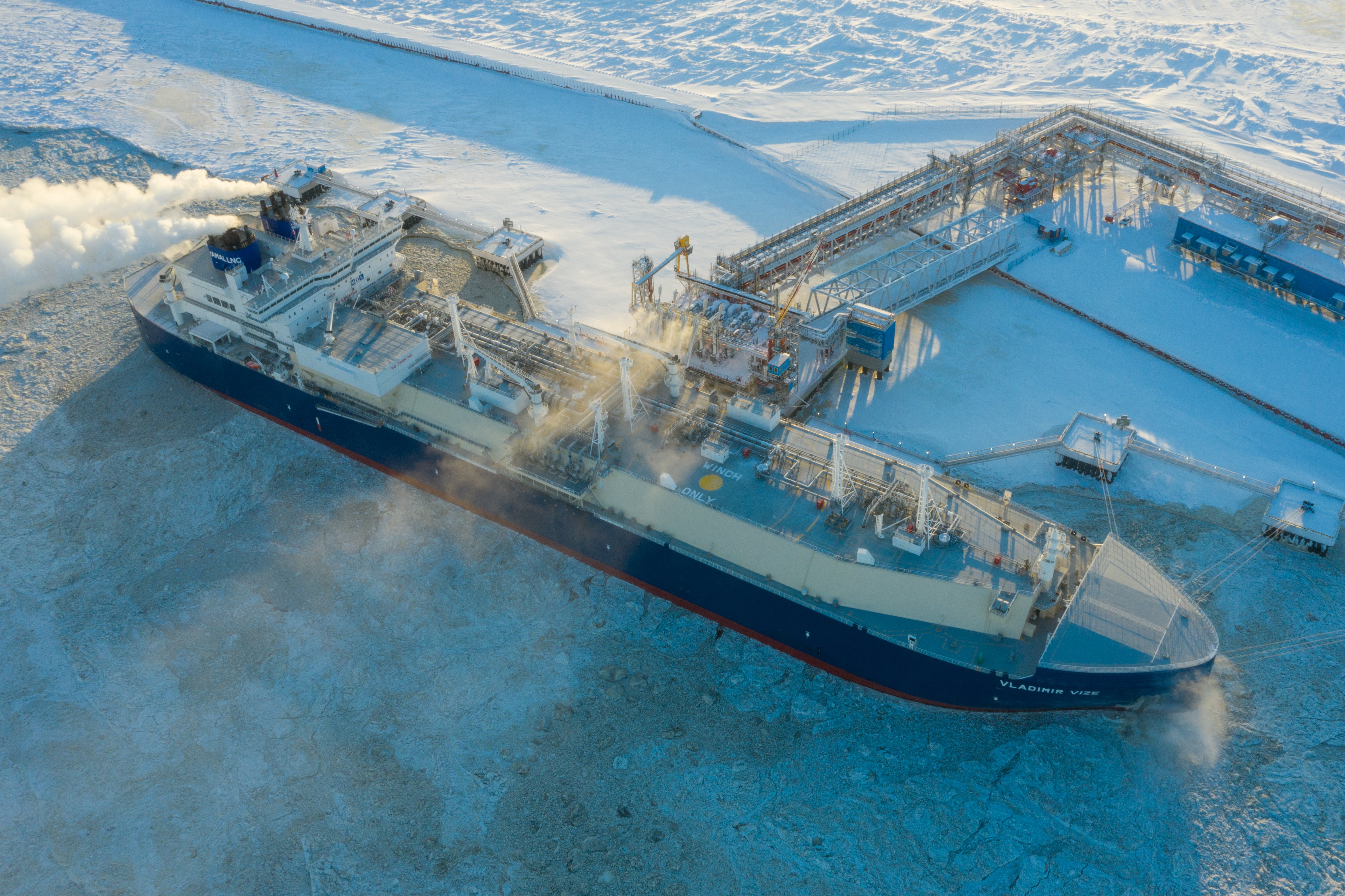The Vladimir Vize gas carrier is loaded with liquefied natural gas in Sabetta