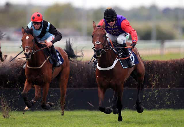Rapid Flight ridden by jockey Nico de Boinville (right) on their way to winning the Happy Birthday Lucy Titchener ‘National Hunt’ Maiden Hurdle at Southwell Racecourse
