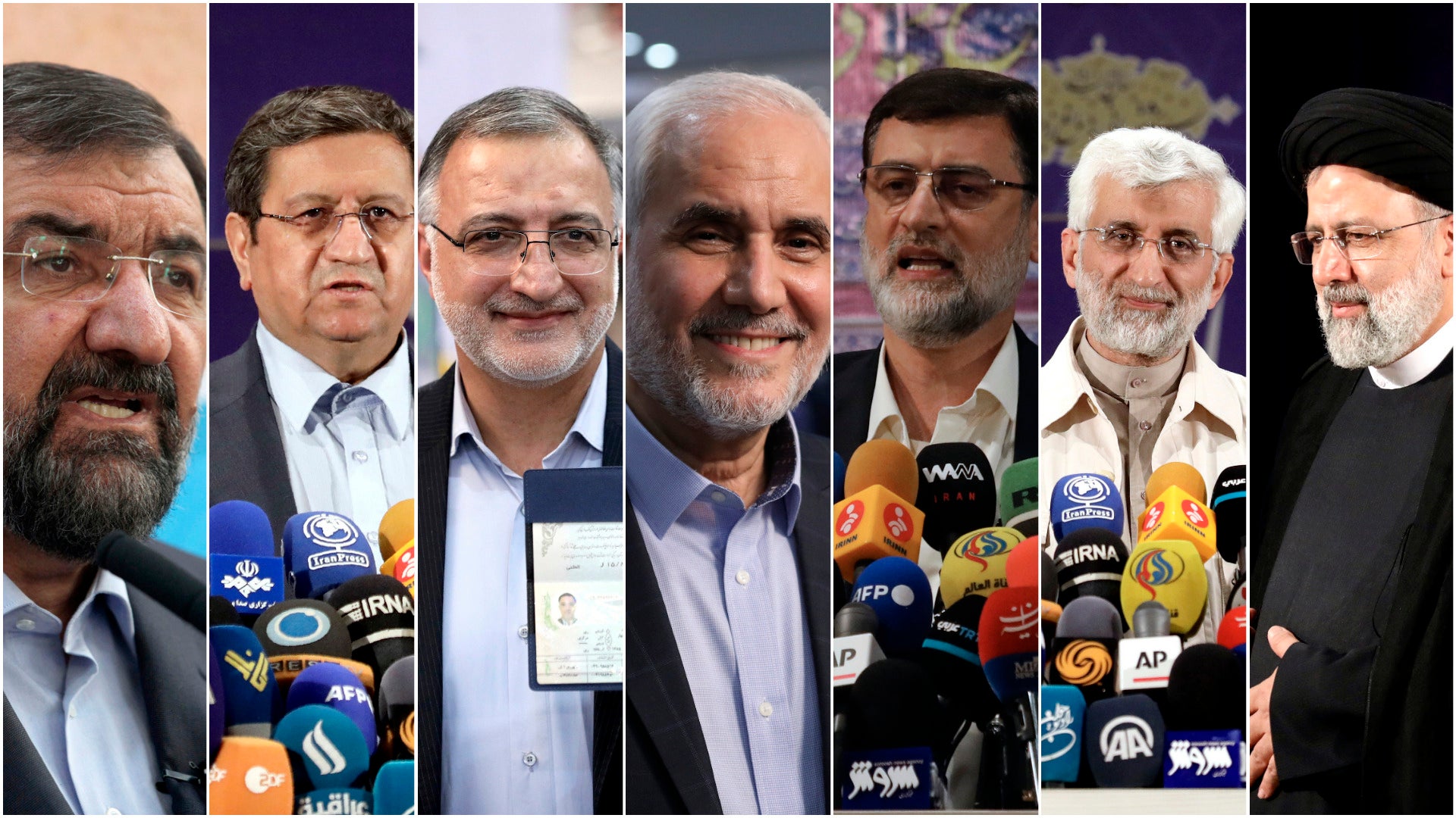 The seven approved candidates for the 18 June elections (l-r): Mohsen Rezaee, a former commander of the Revolutionary Guard, Abdolnaser Hemmati, head of central bank of Iran, Alireza Zakani, a former lawmaker, Mohsen Mehralizadeh, a former provincial governor, Amir Hossein Ghazizadeh Hashemi, deputy parliament speaker, Saeed Jalili, former top nuclear negotiator, Ebrahim Raisi, head of the judiciary.