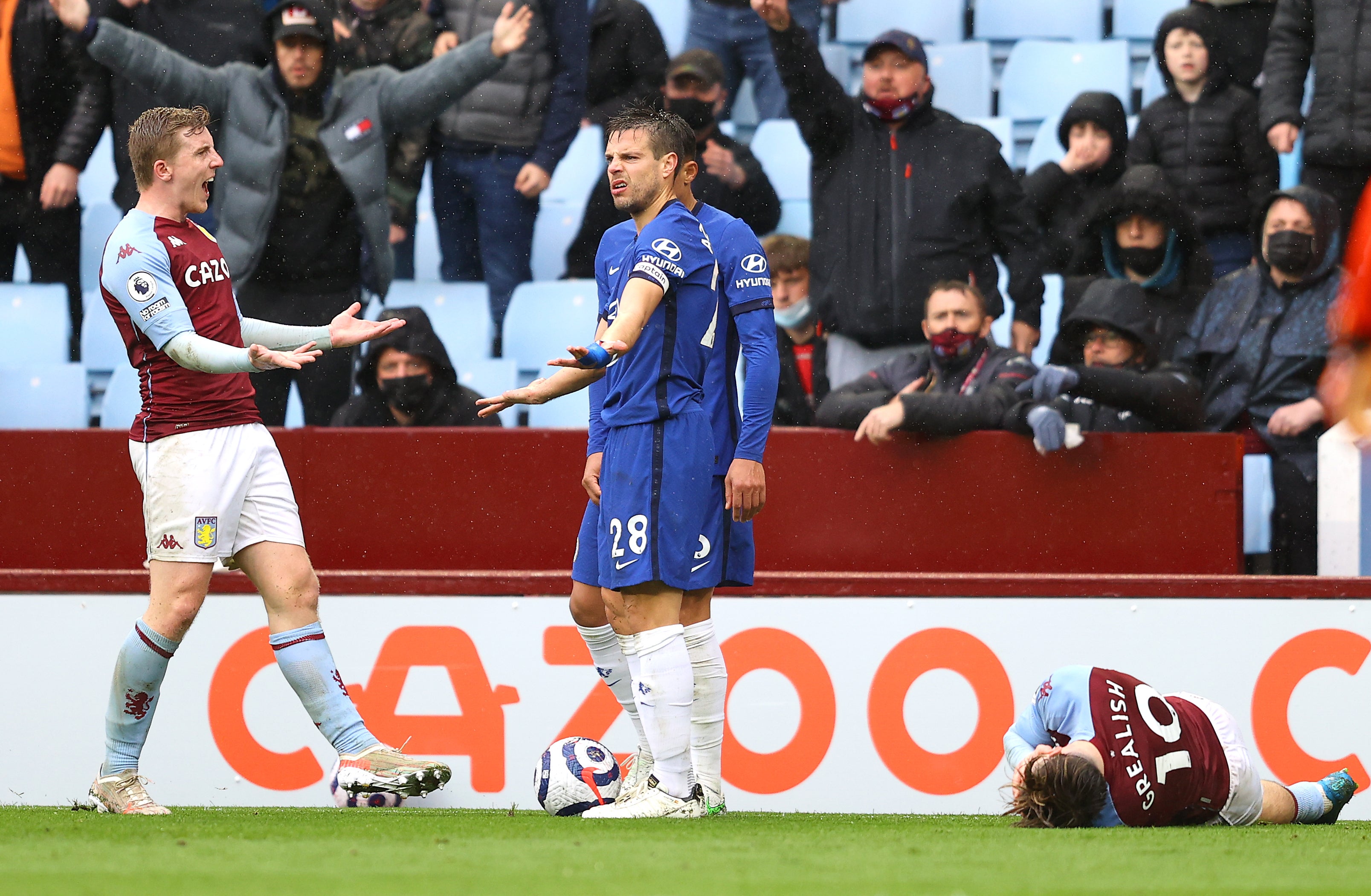 Chelsea’s Cesar Azpilicueta (right) clashes with Aston Villa’s Matt Targett after fouling Jack Grealish (right) and resulting in a red card at Villa Park