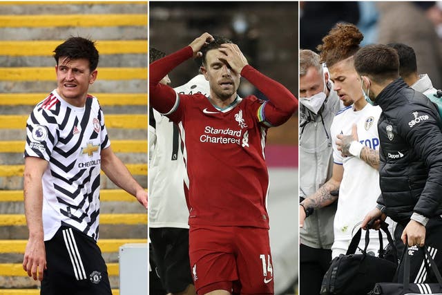 Harry Maguire, Jordan Henderson and Kalvin Phillips, l-r, are among the fitness doubts making England's selection decisions difficult