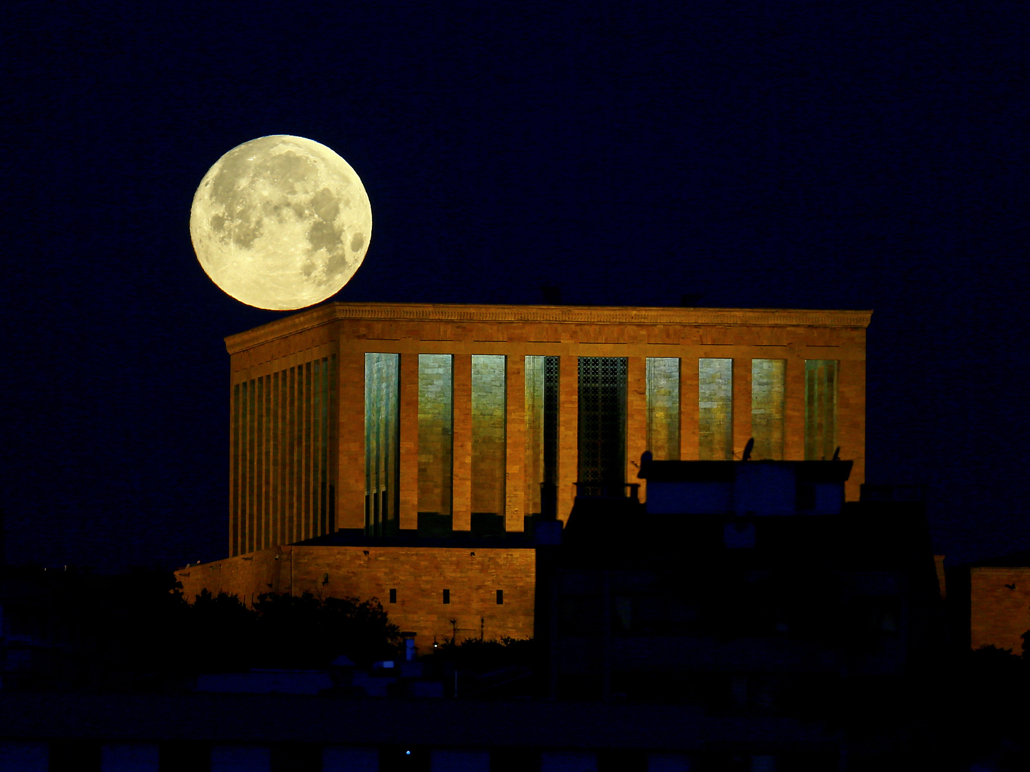 The full moon seen over the mausoleum of modern Turkey’s founder Mustafa Kemal Ataturk in Ankara, Turkey, on 26 May 2021