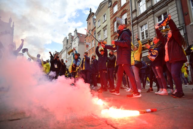Villarreal fans with flares in Gdansk